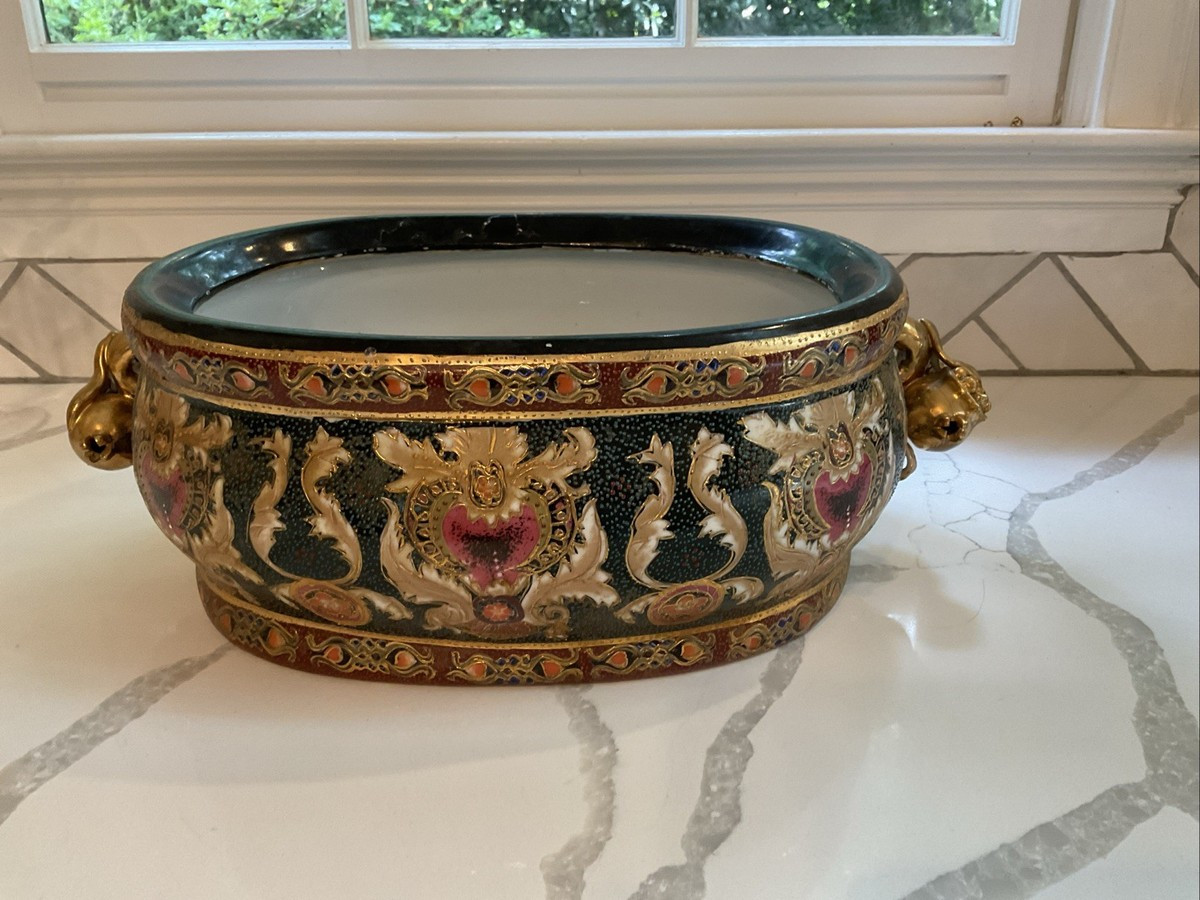 Vintage Chinese Porcelain Chinoiserie Foot Bath Planter Gold Pomegranate Handles | eBay US
