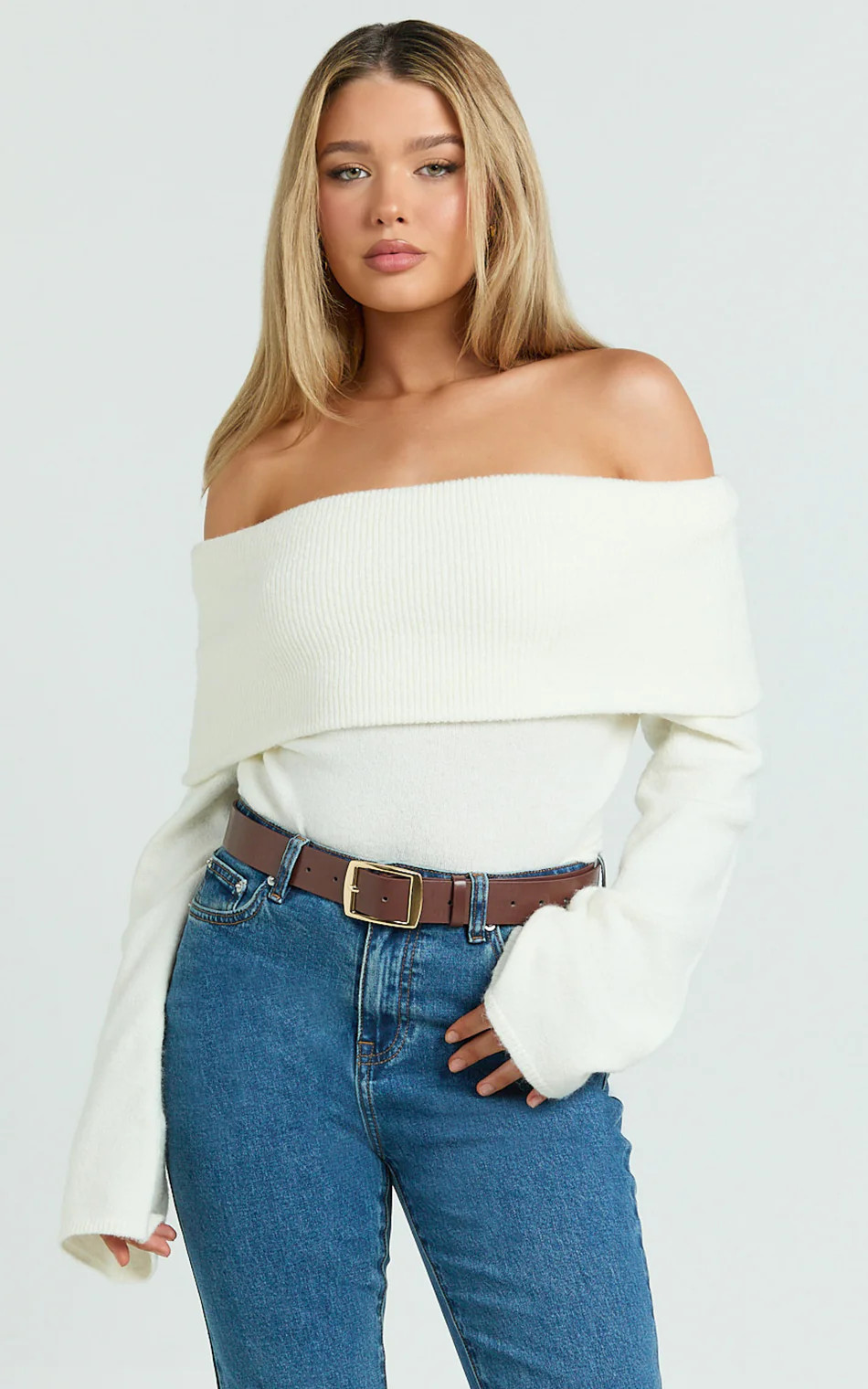 Darcie Top - Off Shoulder Long Sleeve Knitted Top in Cream | Showpo (US, UK & Europe)