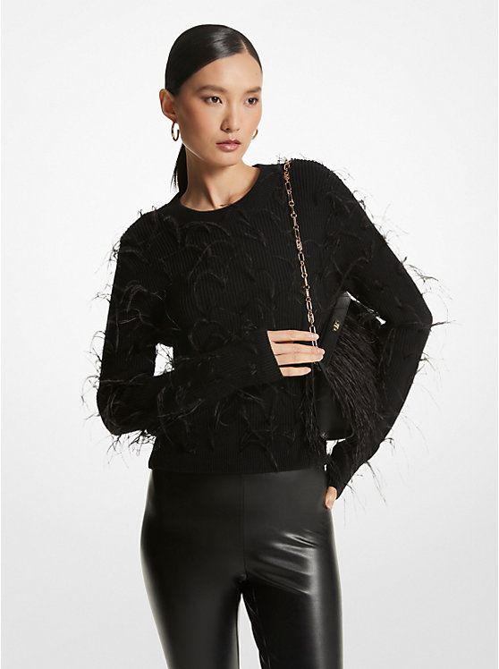 Feather Embellished Merino Wool Blend Cropped Sweater | Michael Kors US