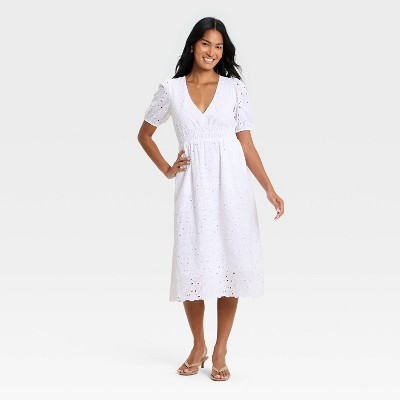 Women's Puff Elbow Sleeve Eyelet Midi Empire Waist Dress - A New Day™ White XL | Target