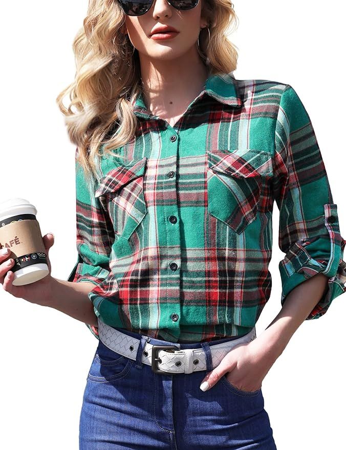 Enjoyoself Womens Plaid Flannel Shirts Casual Roll up Long Sleeve Boyfriend Button Down Checkered... | Amazon (US)