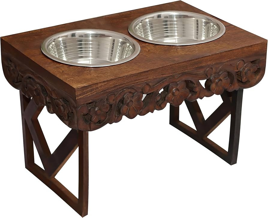 Elevated Pet Feeder for Dogs and Cats - The Bali Carved Wood Pet Feeding Stand with Two Stainless... | Amazon (US)