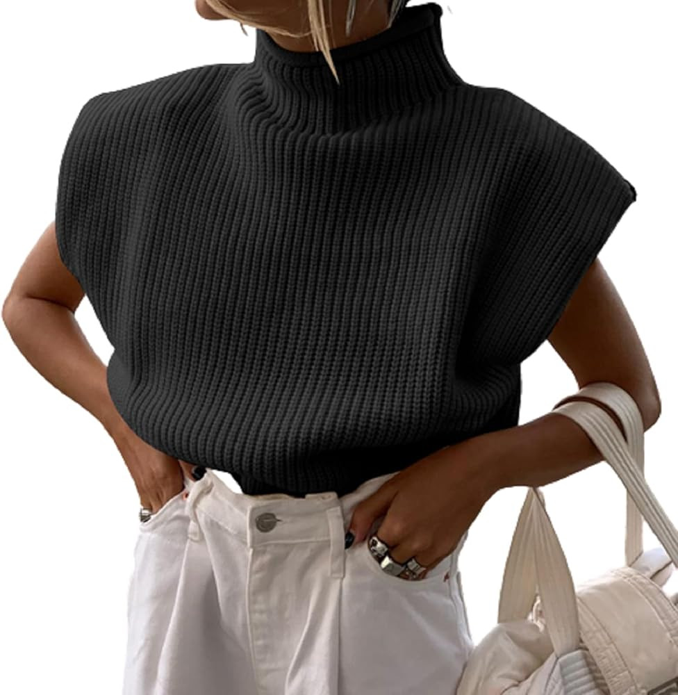 Women Shoulder Pad Sweater Top Sleeveless Turtleneck Pullover Vest Wide Shoulder Knitted Jumper Top | Amazon (US)
