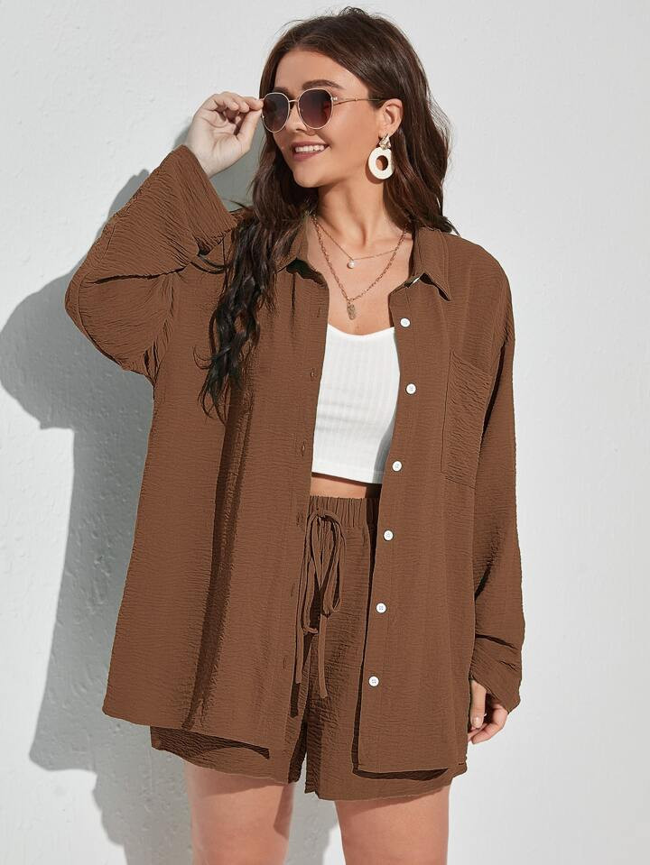 SHEIN EZwear Plus Textured Drop Shoulder Blouse & Shorts | SHEIN