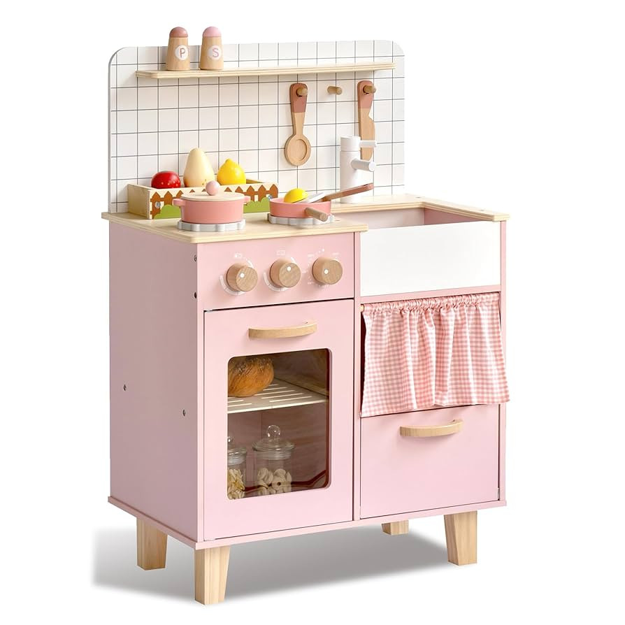 Pink Wooden Play Kitchen with Realistic Features & Accessories, Pretend Cooking Toy for Kids 3+, ... | Amazon (US)