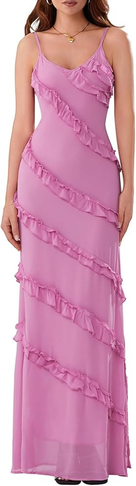 Women Sexy Layered Ruffle Maxi Dress V Neck Spaghetti Straps Backless Long Dress Bodycon Sleevele... | Amazon (US)