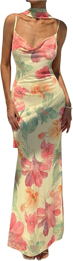 GORGLITTER Women's Floral Bodycon Maxi Dress with Neck Scarf Mesh Cowl Neck Sleeveless Backless F... | Amazon (US)