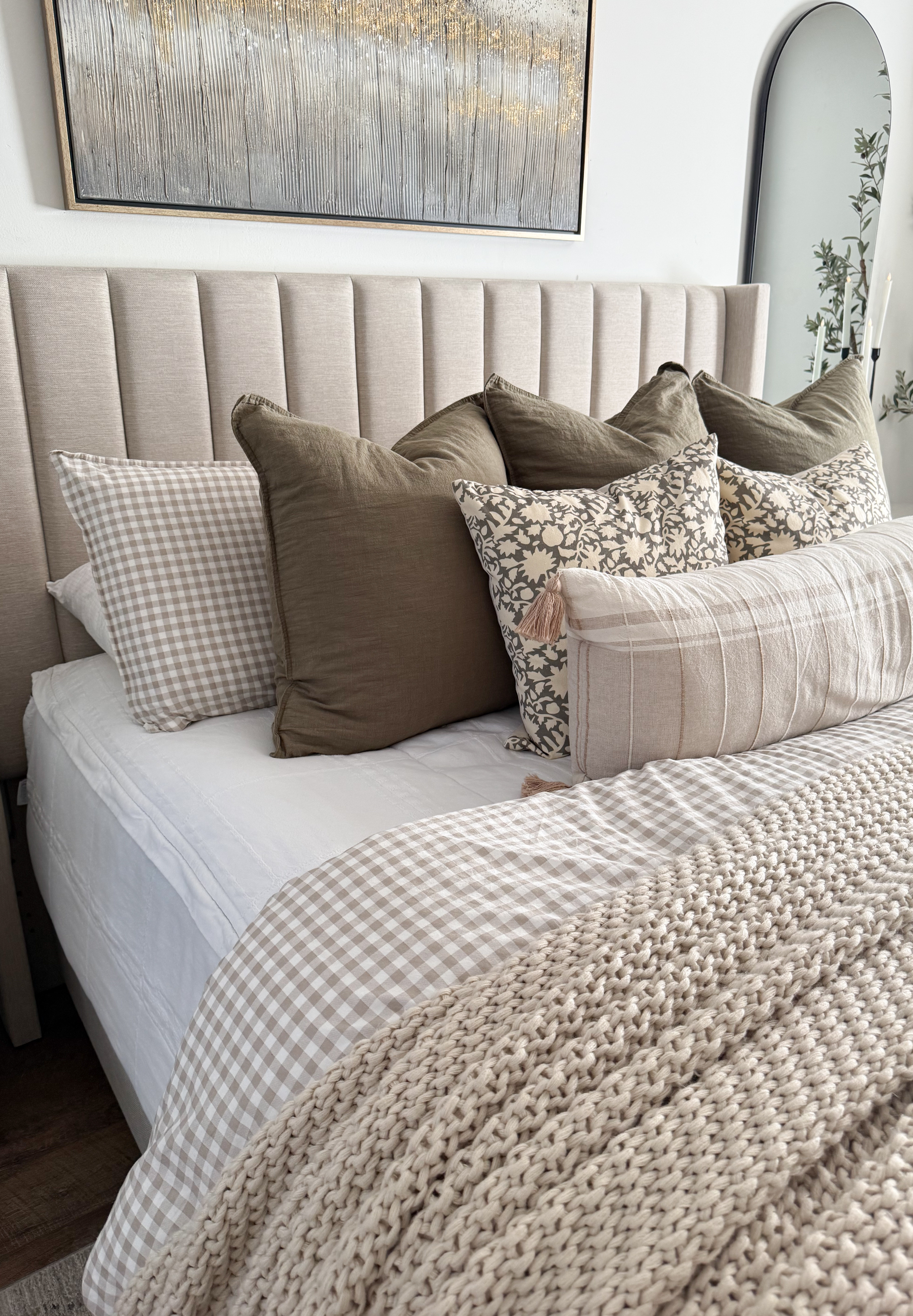 Primary bedroom bedding and pillow combination 

*exact bedframe is from Malouf Home In the color OAT. 

#LTKSeasonal #LTKStyleTip #LTKHome