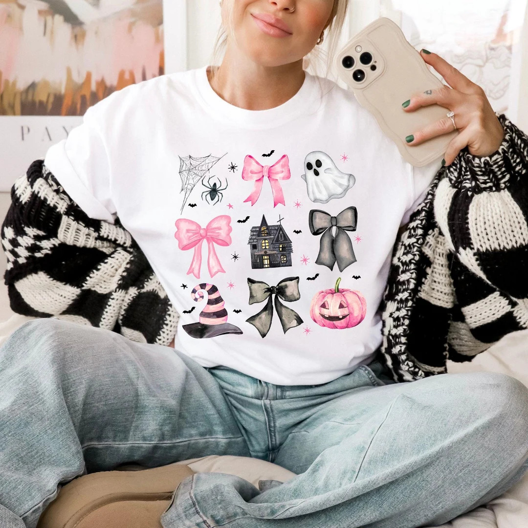 Coquette Halloween Shirt Comfort Colors With Pink and Black Bows White Sweatshirt Halloween Paste... | Etsy (US)