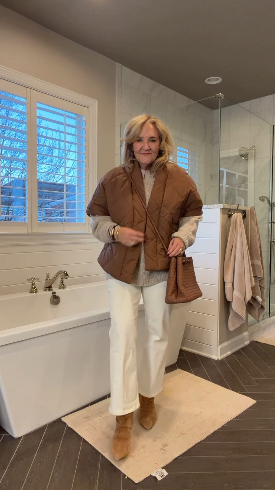 @jcrew sweater size medium 
Anthro blouse size medium 
Jeans size up 2 sizes!!! I’m in a 12. 
Vest size medium Anthro blouse
Bag this is the large 
Boots I size up 1/2 size
Allie & Bess jewelry 20% off code NANETTE20
Ecru jeans brown vest Amazon best neutral outfit 

#LTKOver40 #LTKPetite #LTKSaleAlert

#LTKselfcare