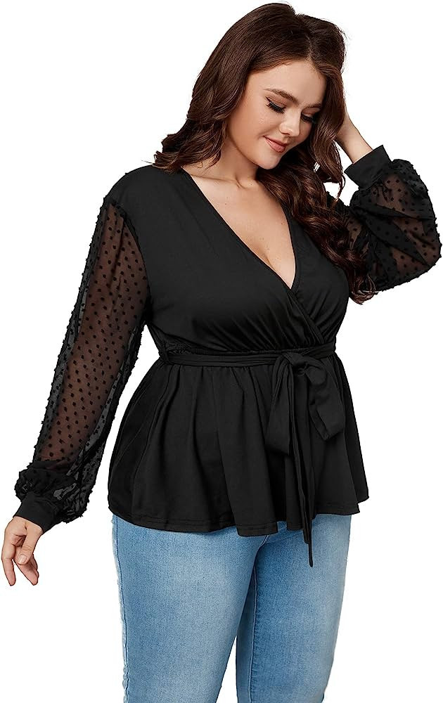 Romwe Women's Plus Size Mesh Long Sleeve V Neck Belted Ruffle Hem Blouses Tops | Amazon (US)
