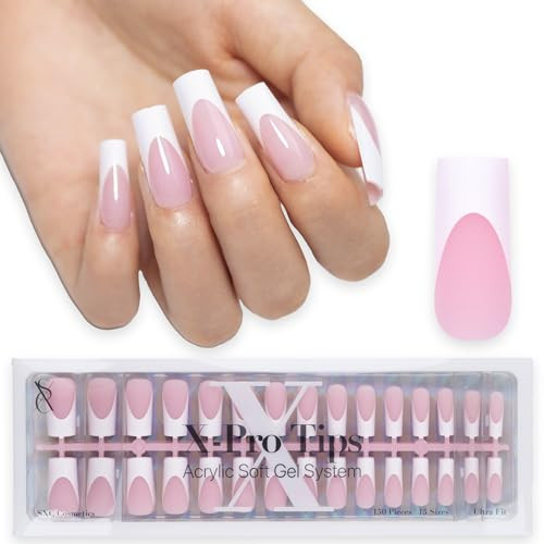 SXC Cosmetics French Tip Press On Nails Pink Medium Square 150 Pieces in 15 Sizes Ultra Fit with Pre-applied Tip Primer and Base Coat, No Need to File Fake Nails for Nail Art DIY X-Pro Tips | Amazon (US)