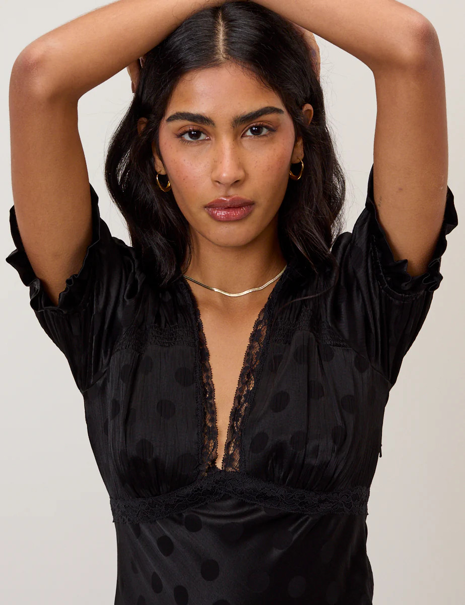 Black Polka Dot Jacquard Angela Midi Dress | Nobody's Child
