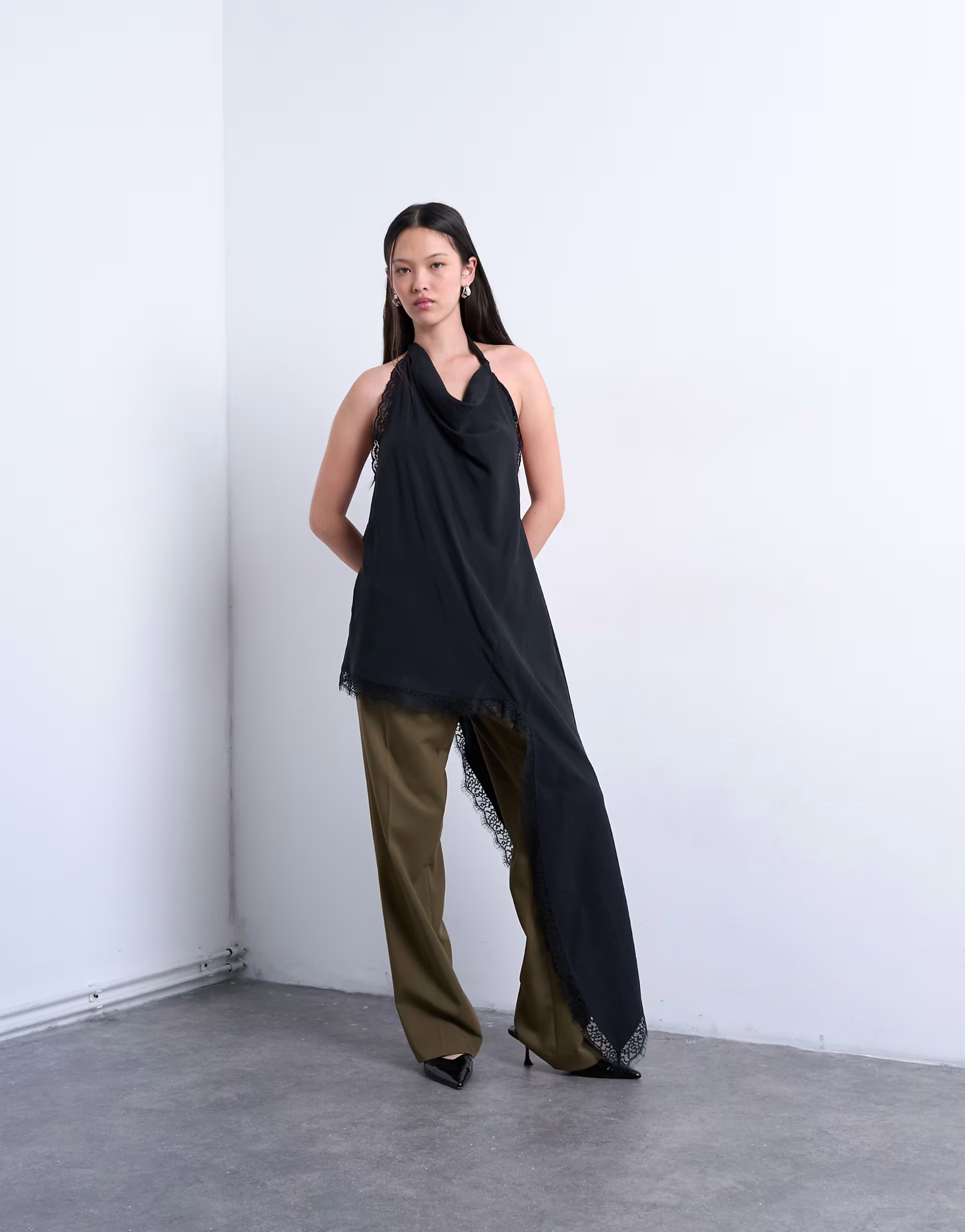 Topshop cupro asymmetric lace halter top in black | ASOS (Global)