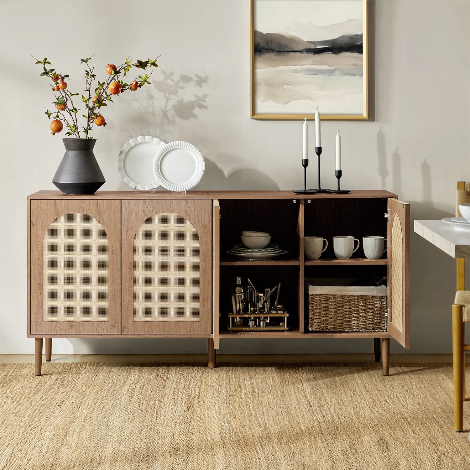 63" Wooden 4 Rattan Arch Doors Sideboard Buffet Storage Cabinet Home Living Room Natural - Walmar... | Walmart (US)