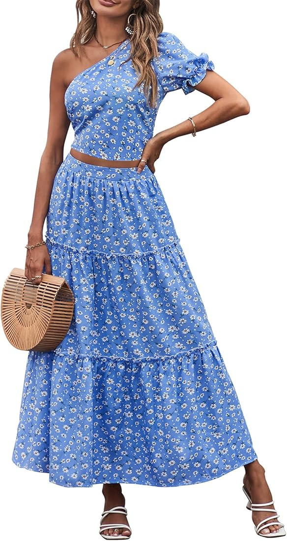 PRETTYGARDEN Women's 2 Piece Summer Outftis Casual Floral One Shoulder Crop Top High Waisted Maxi... | Amazon (US)