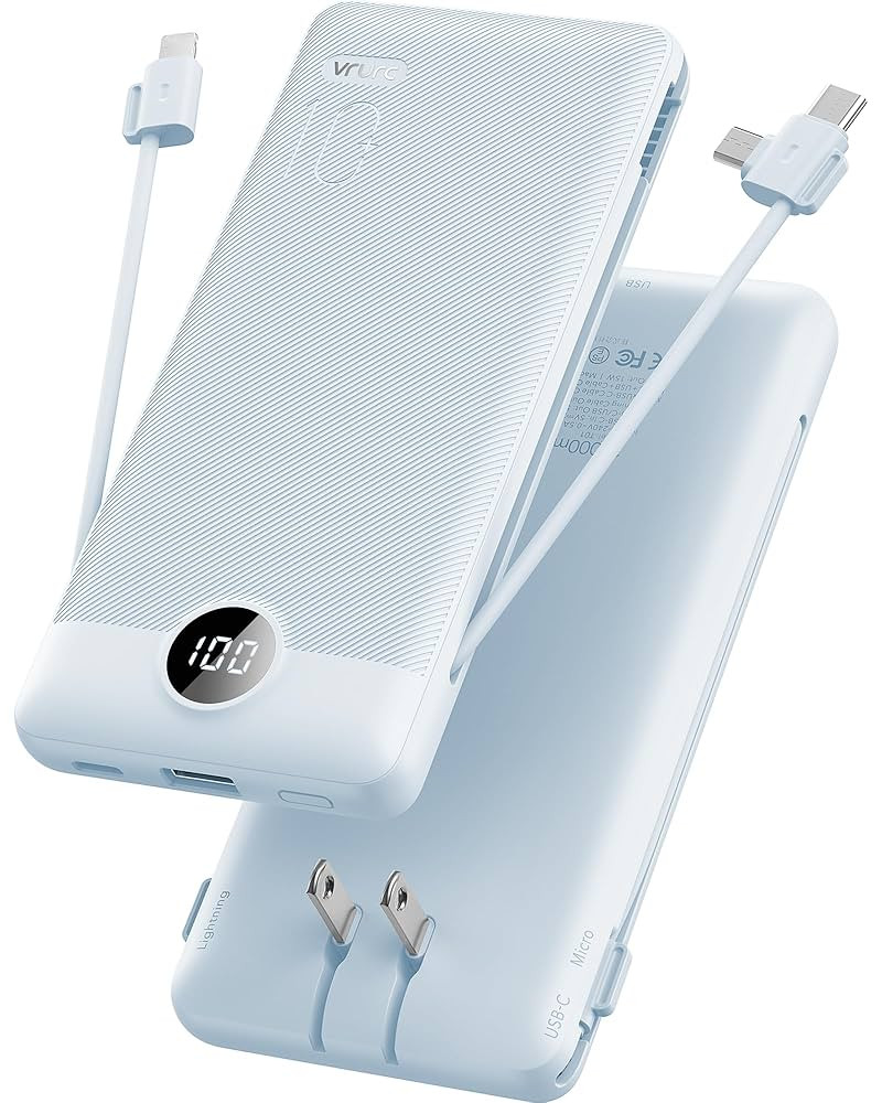 VRURC Portable Charger Built-in Cables and AC Wall Plug, USB C Power Bank 10000mAh, Travel Essent... | Amazon (US)