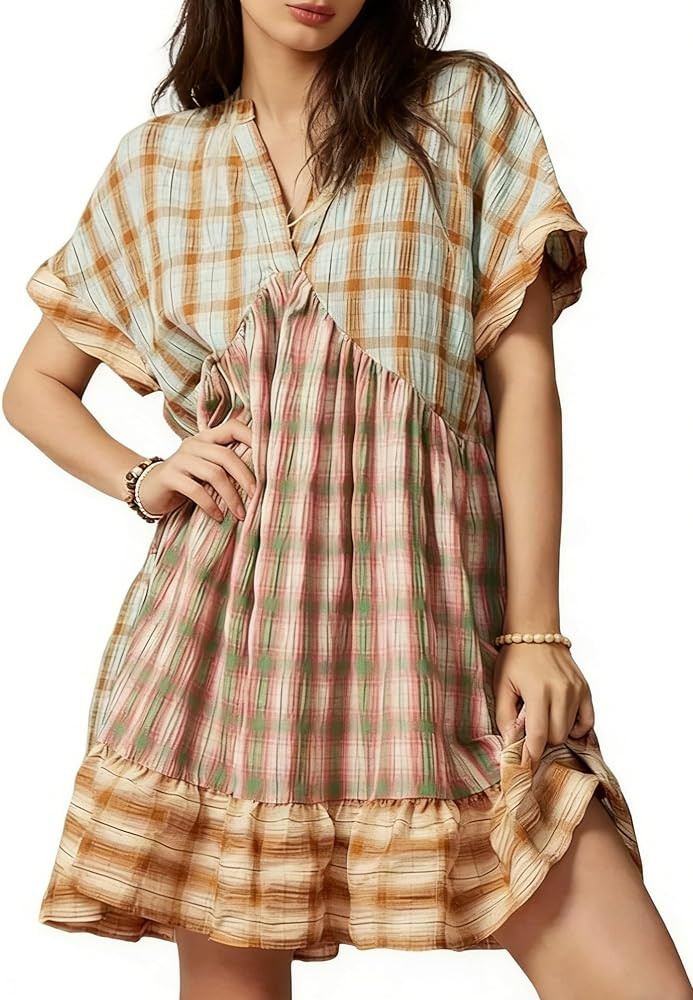 Women Boho Floral Babydoll Mini Dress Y2k Puff Sleeve Ruffle Flowy Short Dress Cute Summer V Neck... | Amazon (US)