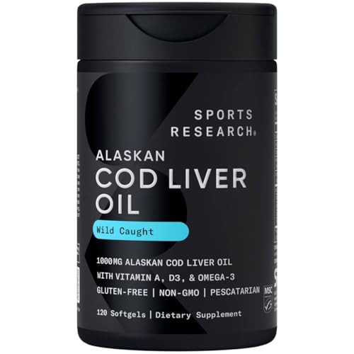 Sports Research® Omega-3 Wild Alaskan Cod Liver Oil 1000mg with Vitamins A (1000 IU) & D3 (400 IU) - Burpless, Bovine Free, Non-GMO, & MSC Certified Sustainable - 120 Softgels | Amazon (US)
