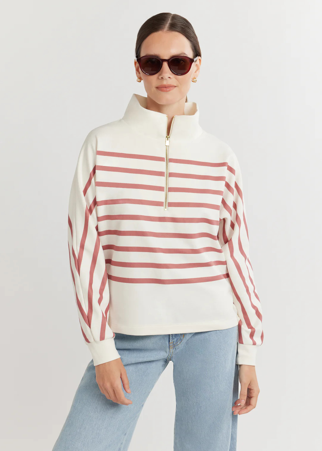 Marion Zip Pullover in Terry Fleece (Cream/Dusty Rose Placed Stripe) | Dudley Stephens