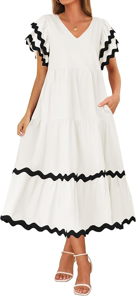 ZESICA Womens 2026 Summer Casual Midi Dresses V Neck Flutter Short Sleeve Ruffle Tiered A Line Fl... | Amazon (US)