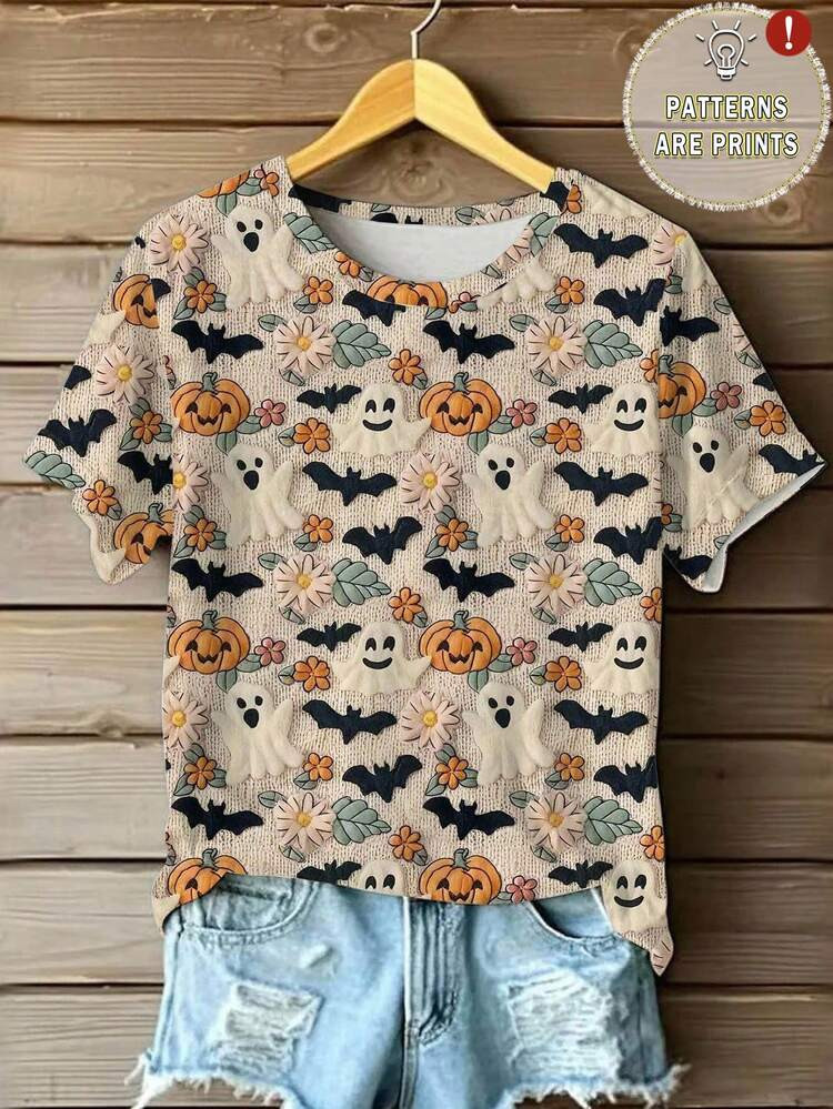 INAWLY Women's Halloween Pumpkin & Ghost Print Short Sleeve T-Shirt | SHEIN