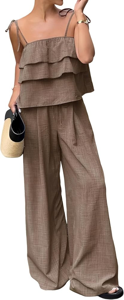 Women's Plain 2 Piece Outfits Ruffle Tiered Knot Strap Ruffle Trim Crop Top And High Waist Wide L... | Amazon (US)