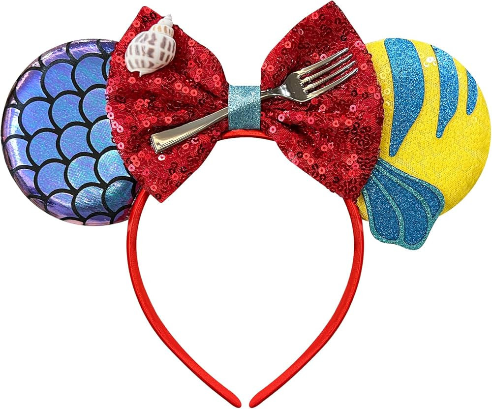 Mermaid Mouse Ears Headband for Women, Fish Scales Mouse Ears Sequin Bows Headband Mouse Ears for... | Amazon (US)