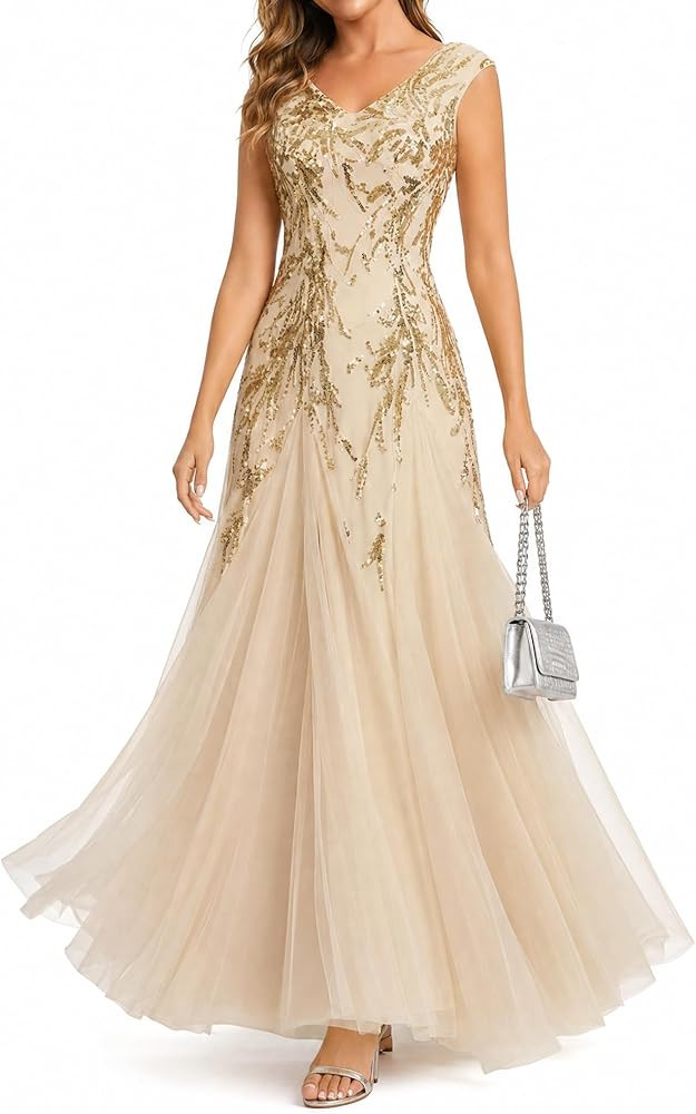 Ever-Pretty Women's Sequin V-Neck Formal Evening Dresses Cap Sleeves Maxi Mother of the Bride Dre... | Amazon (US)