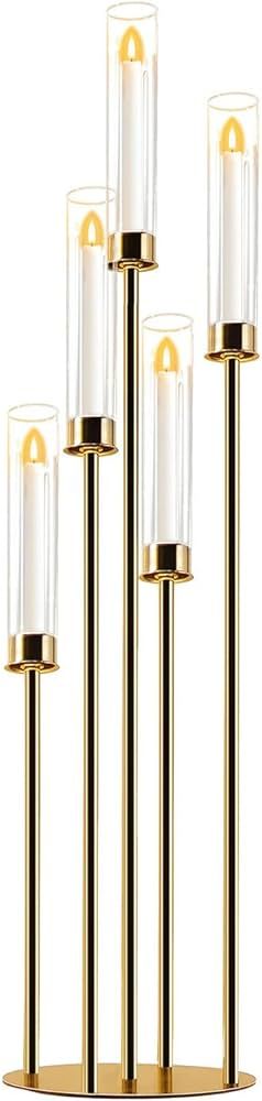 Candelabra Gold Centerpiece 5 Arms Taper Candle Holder Gold Centerpiece with Acrylic Tubes for Ta... | Amazon (US)
