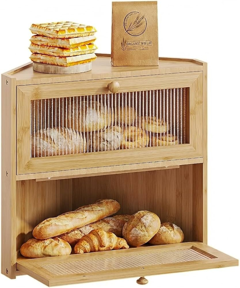 BAMBANG Corner Bread Box for Kitchen Countertop, Double Layer Bamboo Bread Storage Container with... | Amazon (US)