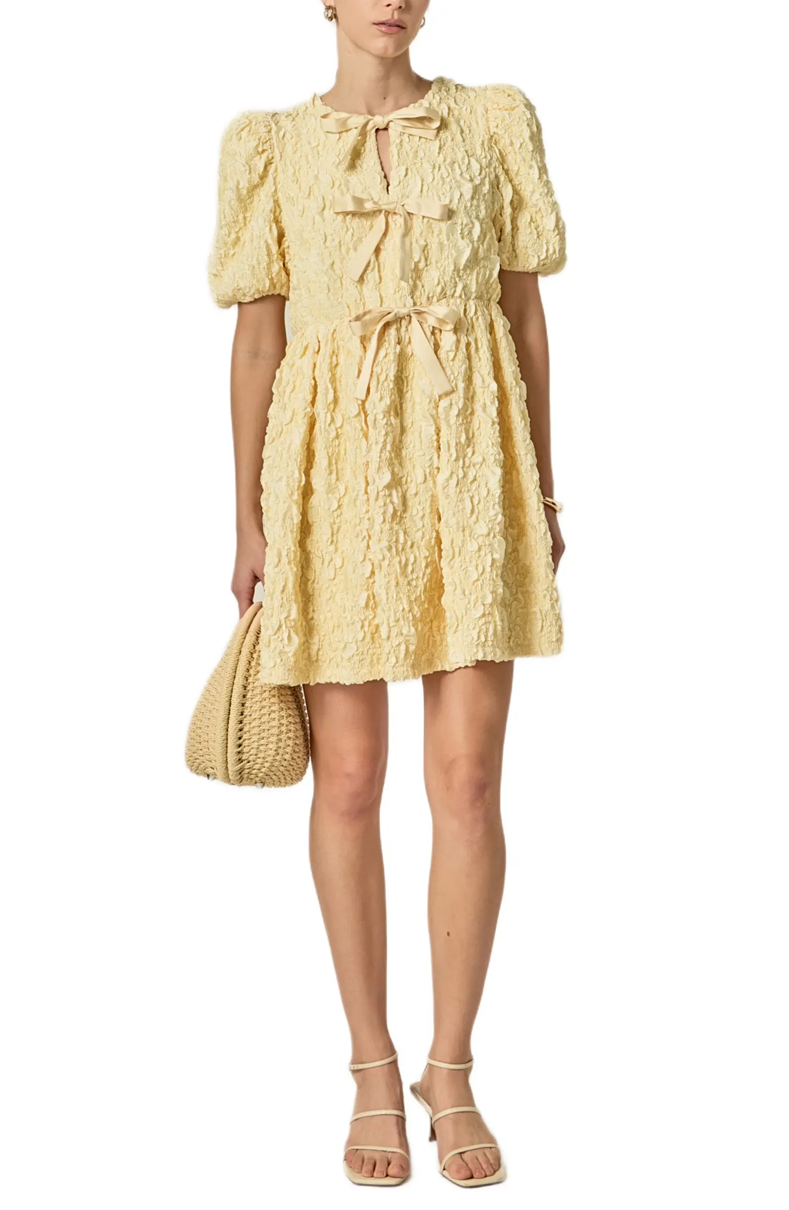 English Factory Crinkled Puff Sleeve Tie Front Minidress | Nordstrom | Nordstrom