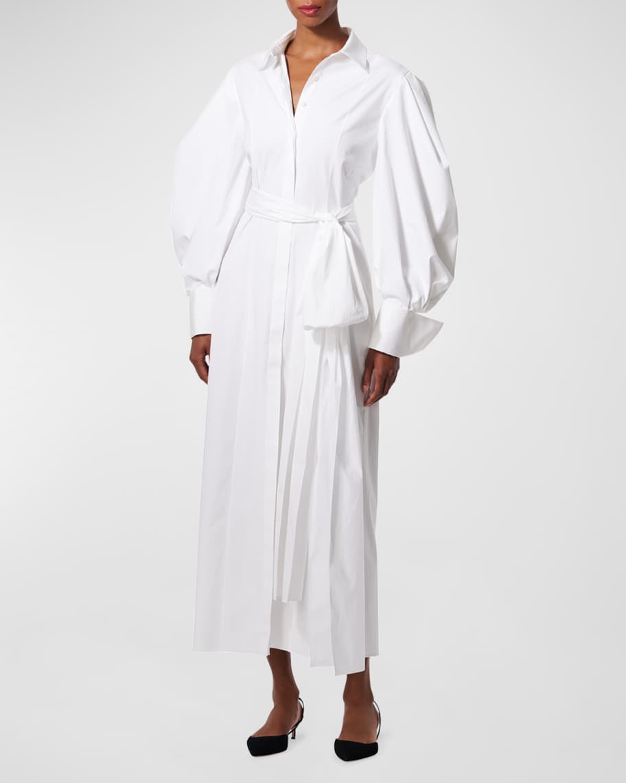 Carolina Herrera Puff-Sleeve Belted Column Midi Shirtdress | Neiman Marcus
