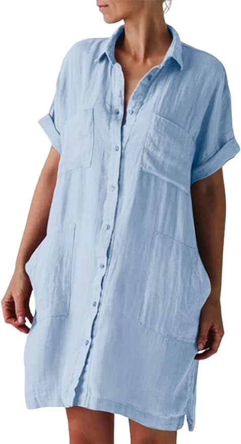 utcoco Womens Cotton Linen Button Down Shirt Dress Casual Loose Cuffed Short Sleeve Dresses with ... | Amazon (US)