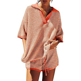 Tankaneo Womens Sweater Set 2 Piece Outfits Oversized 3/4 Sleeve V Neck Knit Tops High Waisted Sh... | Amazon (US)