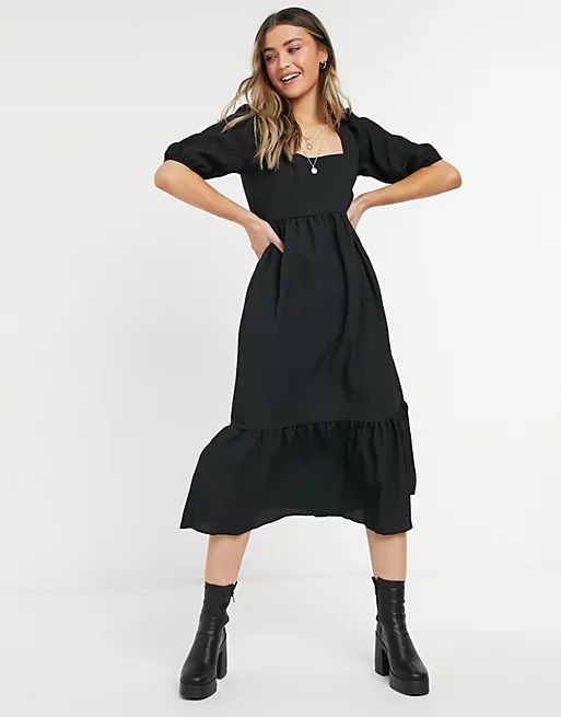 New Look square neck crinkle midi smock dress in black | ASOS (Global)