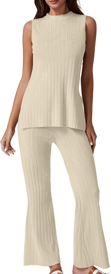 QINSEN Lounge Sets for Women Two Piece Outfits Knit Sleeveless Vented Hemline Tops Wide Leg Pants... | Amazon (US)
