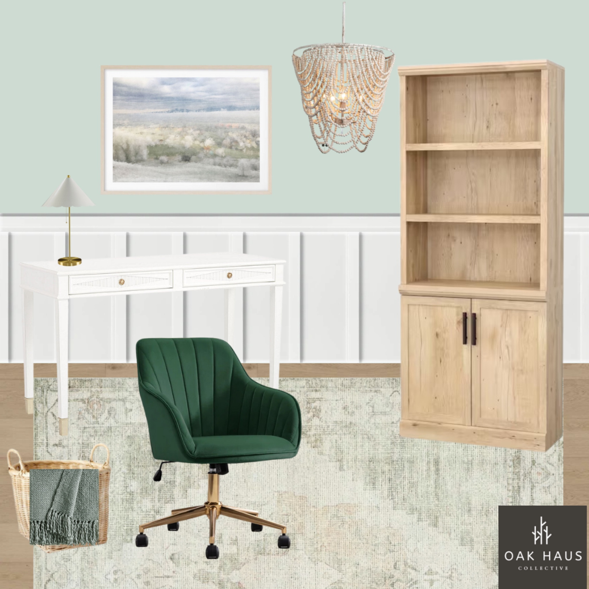 Home office with BM Colony Green Wall | Requested by one of YOU! 

Home office, home decor, coastal office, modern coastal, desk, white desk, writing desk, coastal home office, green office, office accents, velvet chair, office chair, velvet office chair, green accents, white and airy home office, BM Colony Green, office bookcase, office lamp, office chandelier, office light, office art work 

#LTKhome #LTKfamily