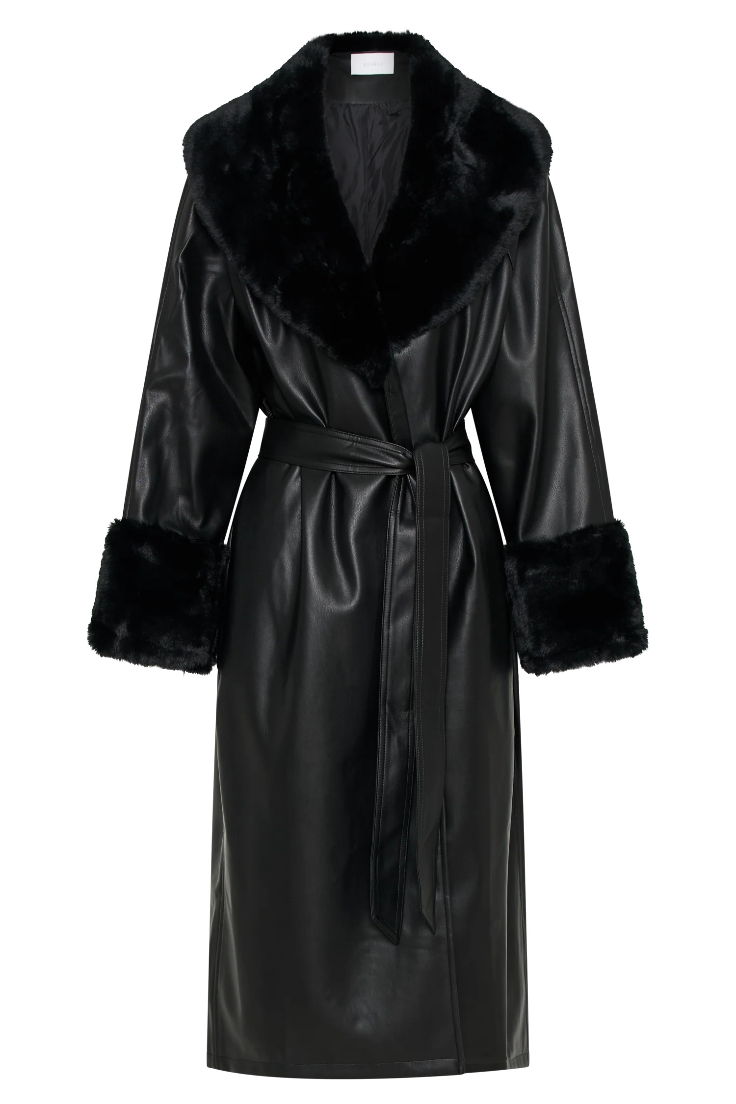 Rebekah Oversized Pu Trench Coat With Fur Trim - Black | MESHKI US
