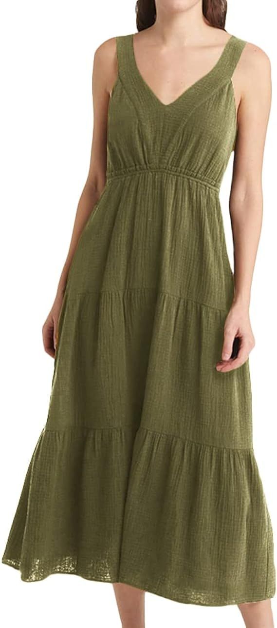 JeimPoey Womens V-Neck Tiered Dress Flowy Midi Skirt Smocking Back A-line Sundress | Amazon (US)