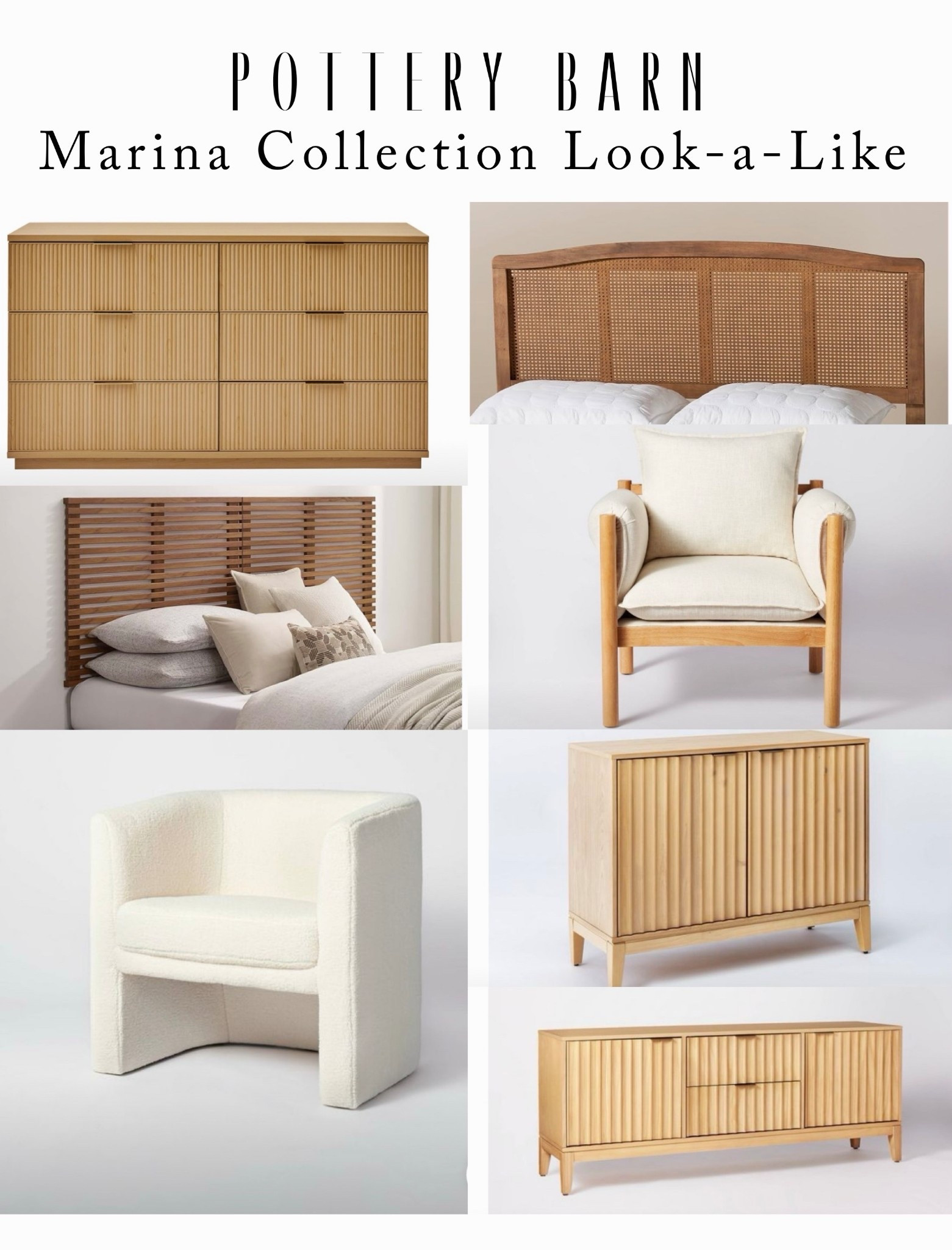 Look-A-Like Pottery Barn Marina Collection. 

Light wood. Light stain. Rattan. Beach look. White club chair. Modern headboard. Slat headboard. Rattan headboard. Side chair. Dresser. Nightstand  

#LTKSaleAlert #LTKSpringSale #LTKHome