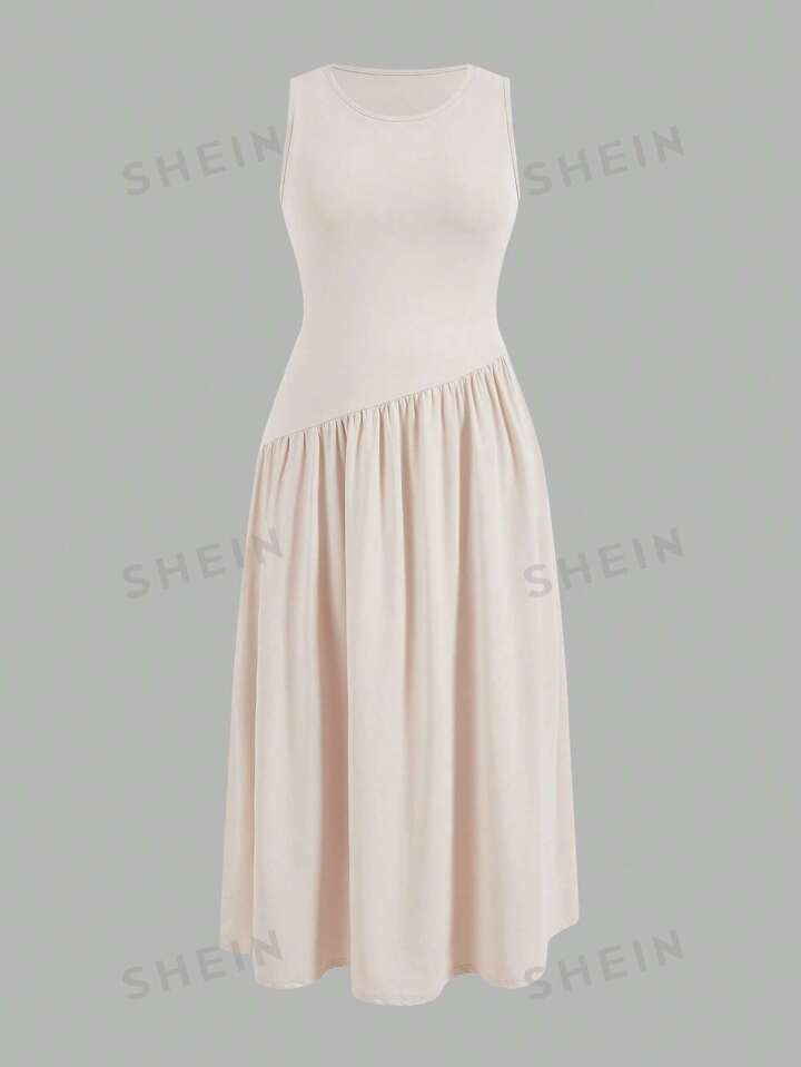 SHEIN Privé Plus Size Women's Elegant Sleeveless Round Neck Ruched Dress For Beach, Dating And C... | SHEIN