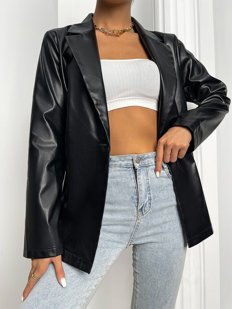 Lapel Collar Single Button PU Leather Blazer | SHEIN