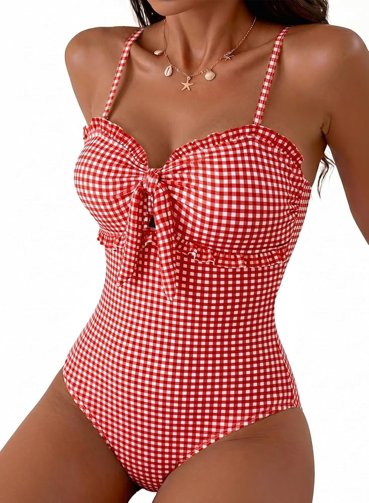 Herseas Women's One Piece Swimsuit Knotted Front Ruffle Trim Bathing Suits Tummy Control Cutout S... | Amazon (US)