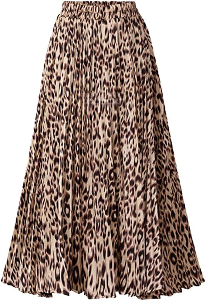 TONCHENGSD Women's Retro Midi High Waist Pleated Skirt Leopard Print Skirt | Amazon (US)