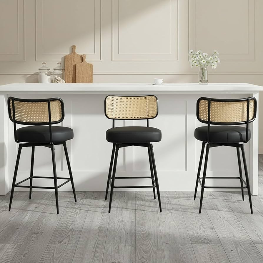 Rattan Bar Stools Set of 3, Swivel Counter Height Bar Stools with Rattan Back and Metal Legs, Mod... | Amazon (US)