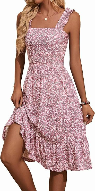 ZABERRY Womens Summer Midi Dress 2026 Elastic Straps Square Neck Cute Floral Flowy A-line Sundres... | Amazon (US)