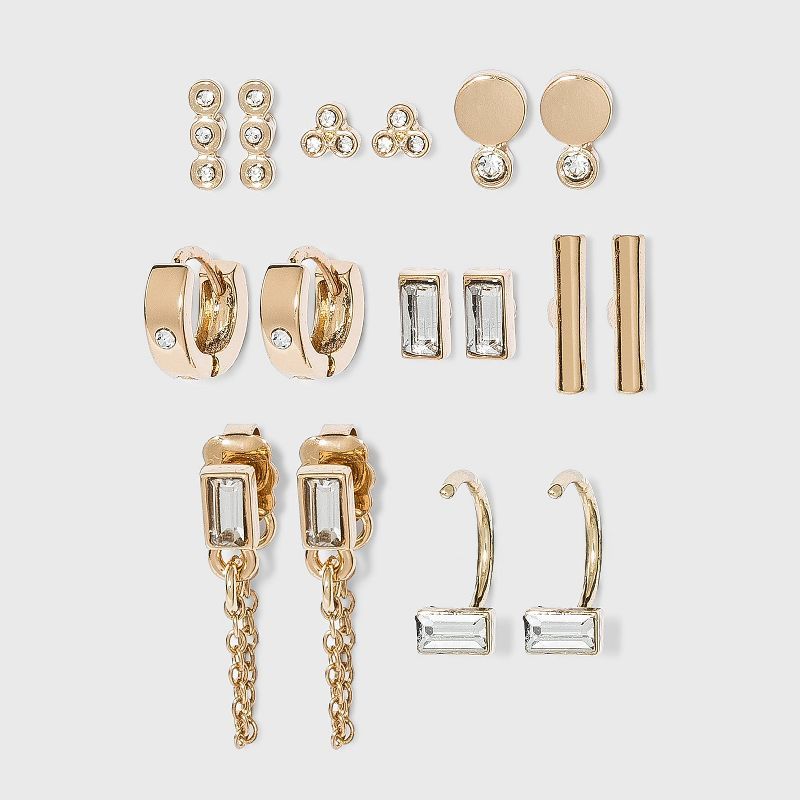Crystal Baguette Stud and Small Hoop Earring Set 8pc - A New Day™ Gold | Target