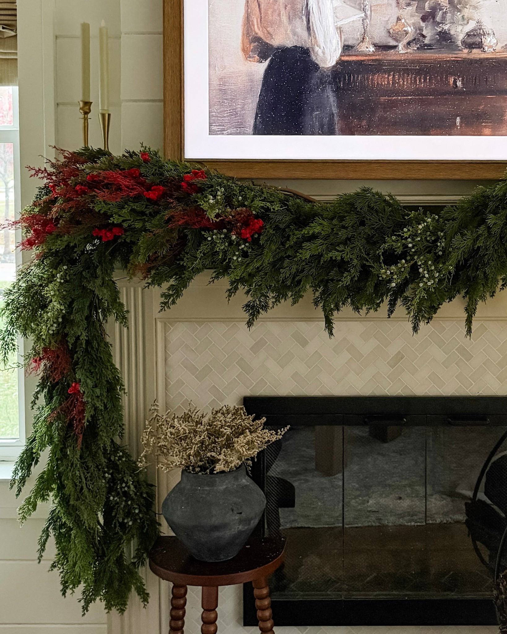 Holiday mantel garland inspo—add an unexpected touch of red. I used two bunches of dried red statice here. 

#LTKHome #LTKFindsUnder50 #LTKHoliday