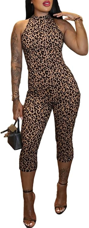 Women's Leopard Print Romper Sexy Bodycon Jumpsuits Sleeveless Backless Capri Leggings Club Outfi... | Amazon (US)